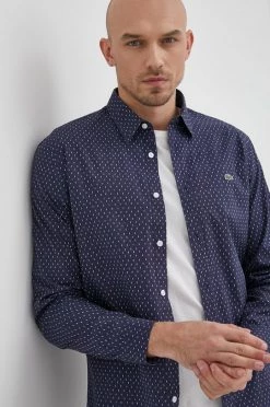 Ανδρικά Πουκάμισα Lacoste - Βαμβακερό πουκάμισο σκούρο μπλε